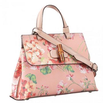 Sweet Gucci Bamboo Daily Pink Leather Garden Pattern Bamboo Bead Turn-lock Female Tote Bag USA