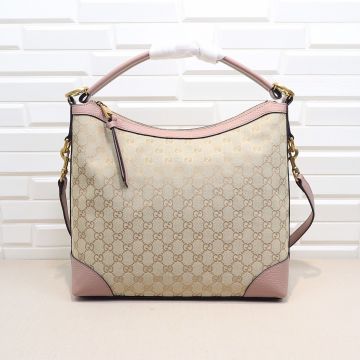 Cheapest Original Canvas Pink Leather Trim Gold Interlocking G Logo GG Supreme— Gucci Zipper Design Women'S Hobo Bag