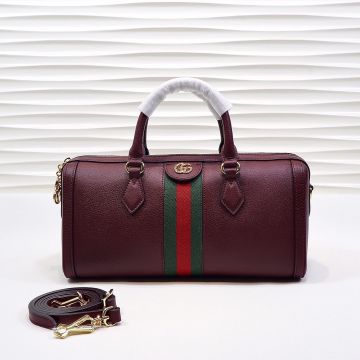  Gucci Red-Green Striped Gold GG Logo Double Zipper Red Genuine Leather Body Tote Bag For Women