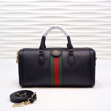 Gucci Green-Red Web Canvas Detachable Shoulder Strap Yellow GG Mark Black Leather Female Luggage Bag