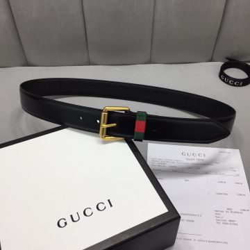 Business Style Gucci Silver/Brass Square Pin Buckle Red/Green Web Loop Male Black Leather 3.5CM Belt For Sale