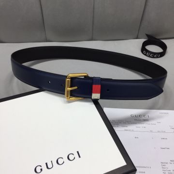 Hot Selling Gucci Dark Blue 3.5CM Strap Web Loop Detail Silver/Gold Square Pin Buckle For Men Online 