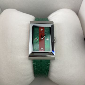Hot Selling G-Frame Bee Index Red-Green Web Dial Green Python Leather Strap - Women's Gucci Silver Rectangle Watch