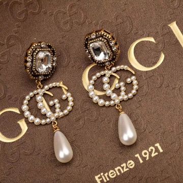  Gucci Ladies Diamond Detail Full Paved Pearl Double G Design Drop Shaped Pendant Retro Earrings 2022 New